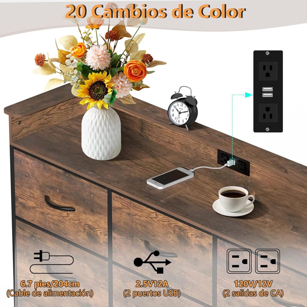 FURRIFIC Chest of Drawers for Bedroom, Bedroom Dresser with 9 Drawers, Dressers and Drawers with 2 Outputs and 2 USB Led Lights, Metal Structure Organizer, Home and Office Storage