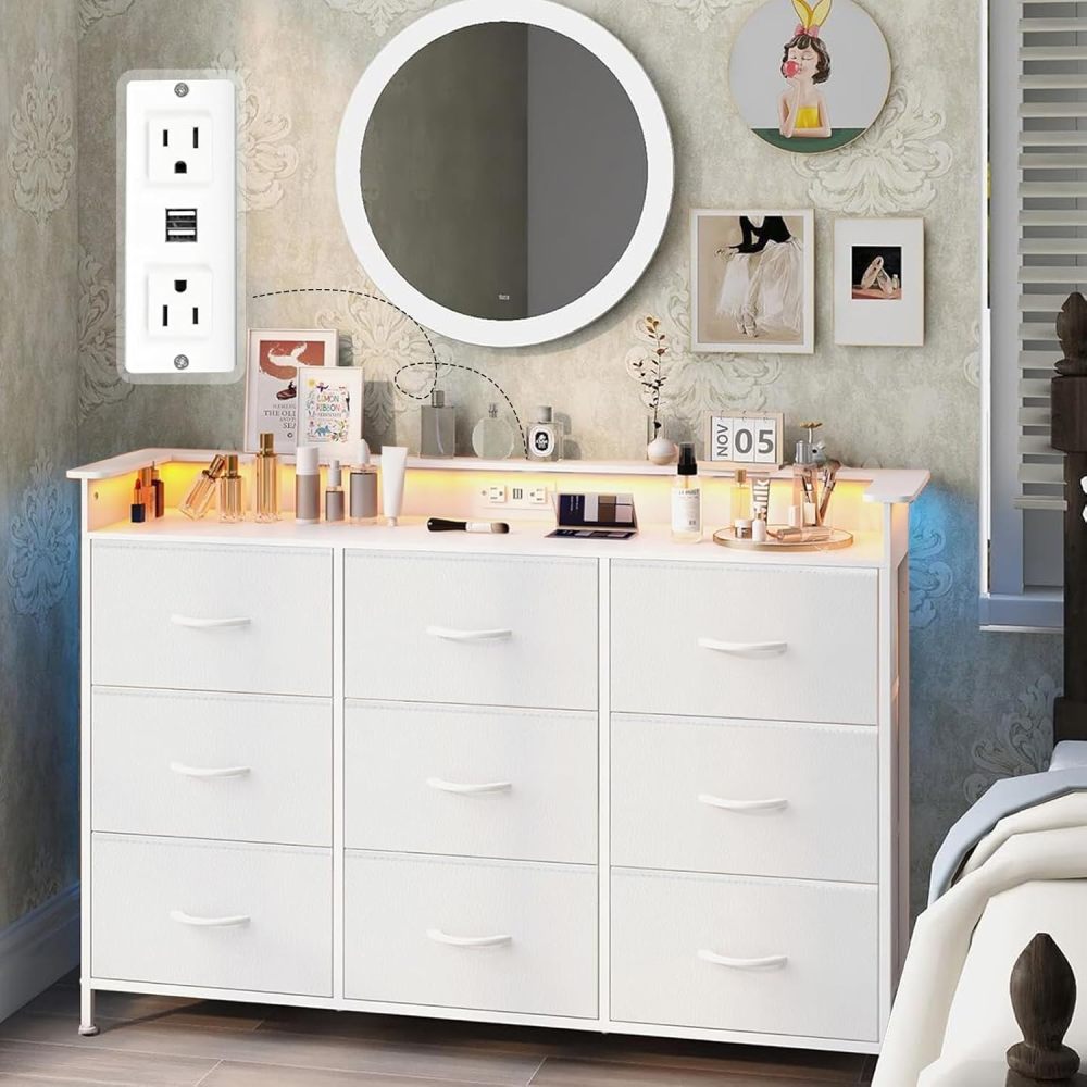FURRIFIC Chest of Drawers for Bedroom, Dressers and Drawers with 2 Outputs and 2 USB Led Lights, Metal Structure Organizer Furniture with 9 Drawers, Home and Office Storage (White)
