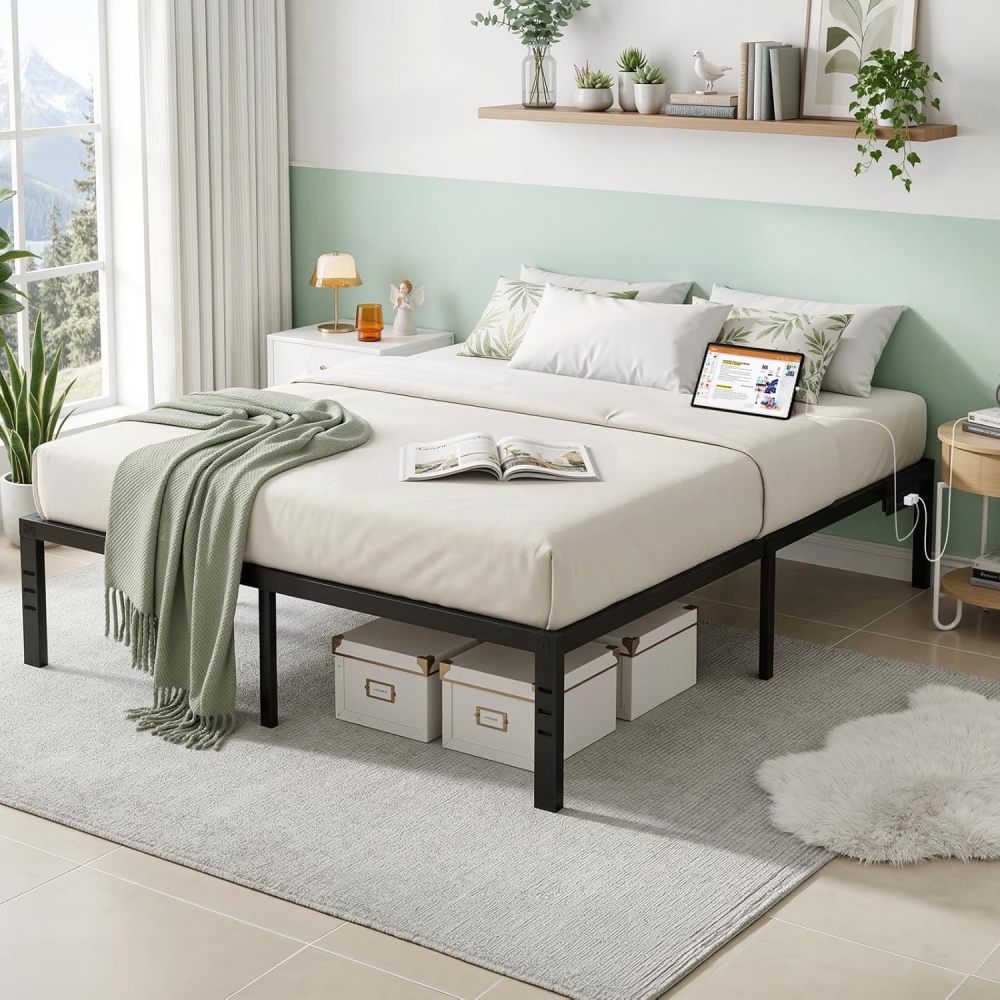 FURRIFIC Double Bed Base Metal with Plugs–2 AC Sockets + 2 USB Ports, 1.5m Cable, 3 Adjustable Heights for Headboard (Not Included), Durable and Durable Metal Bed Base