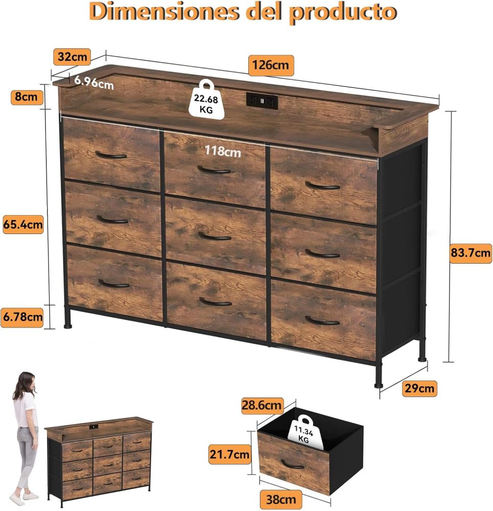 FURRIFIC Chest of Drawers for Bedroom, Bedroom Dresser with 9 Drawers, Dressers and Drawers with 2 Outputs and 2 USB Led Lights, Metal Structure Organizer, Home and Office Storage