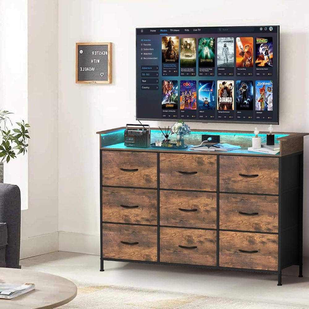 FURRIFIC Chest of Drawers for Bedroom, Bedroom Dresser with 9 Drawers, Dressers and Drawers with 2 Outputs and 2 USB Led Lights, Metal Structure Organizer, Home and Office Storage