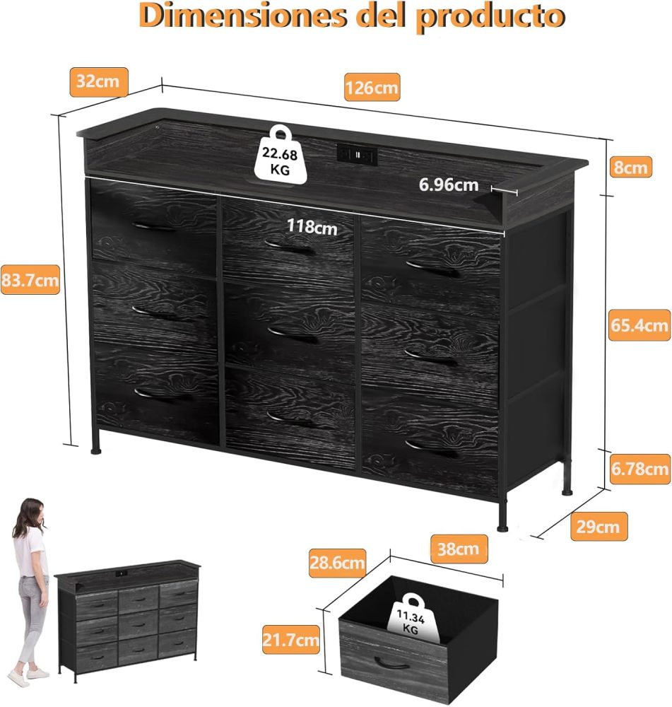 FURRIFIC Chest of Drawers for Bedroom, Dressers and Drawers with 2 Outlets and 2 USB Led Lights, Bedroom Dresser with 9 Drawers, Metal Structure Organizer, Home and Office Storage