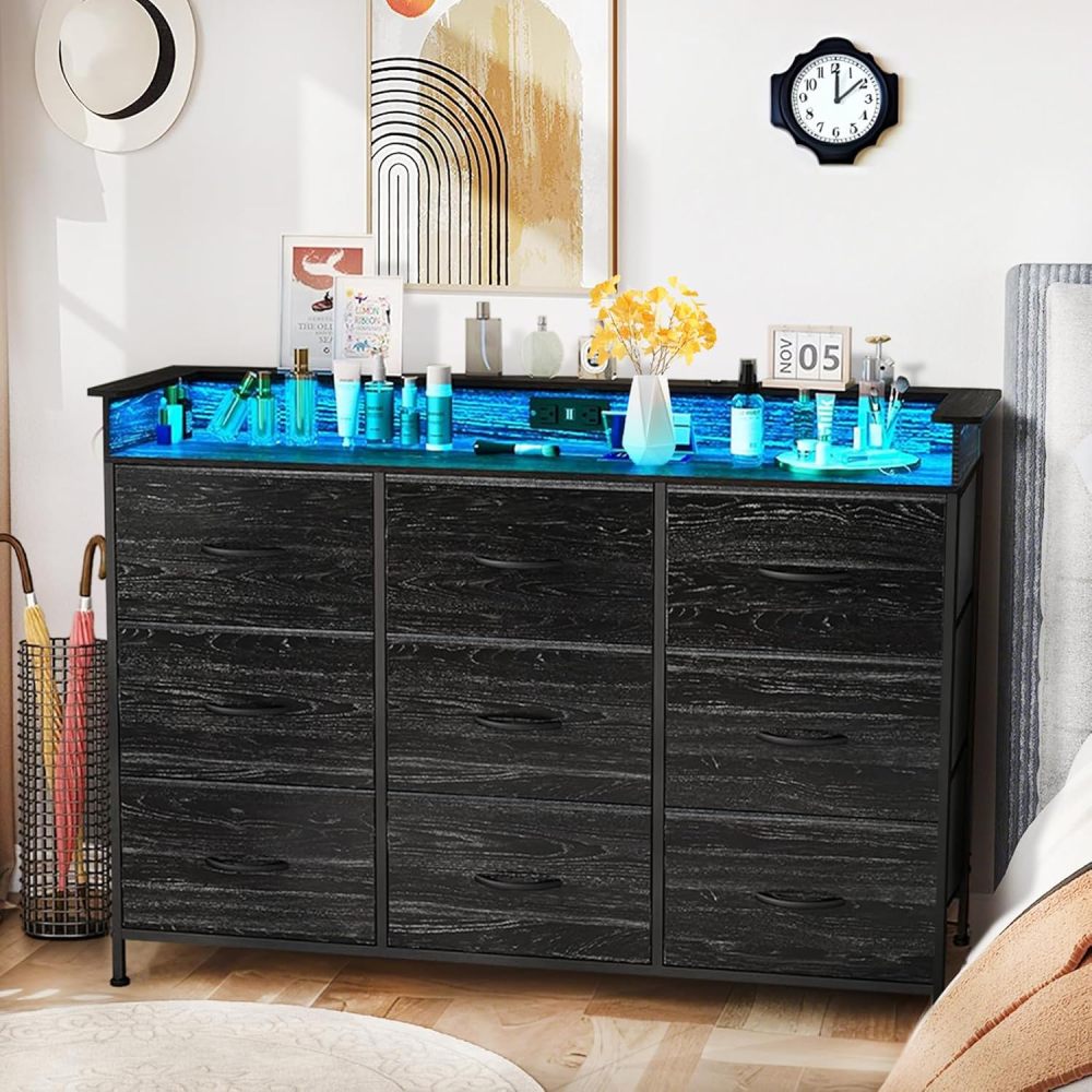 FURRIFIC Chest of Drawers for Bedroom, Dressers and Drawers with 2 Outlets and 2 USB Led Lights, Bedroom Dresser with 9 Drawers, Metal Structure Organizer, Home and Office Storage