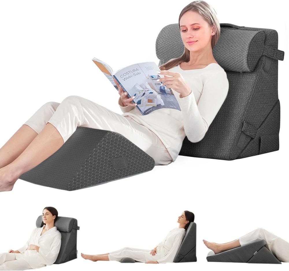LINGLUCKY Adjustable Anti-Reflux Wedge Pillow with Large Backrest for Bed | Enhanced Memory Foam Triangular Wedge with Washable Cover | Relieves Reflux, Neck, Back & Legs