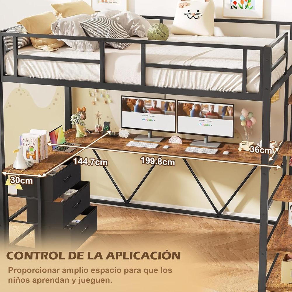 FURRIFIC Bunk Bed with L-shaped Desk and Wardrobe, High Metal Bed with Ladder with Drawers, LED and USB Ports, for Teenagers or Small Spaces (Matrimonial)