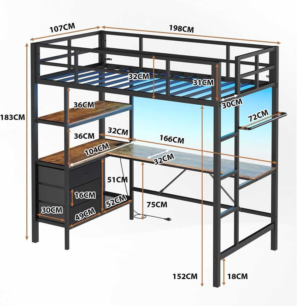 Single High Bunk Bed with L-Shaped Desk and USB Charging, High Bed with RGB LED Lights, 3 Shelves and 3 Fabric Drawers, Sturdy Metal Frame, Bunk Bed with Storage for Children and Teenagers