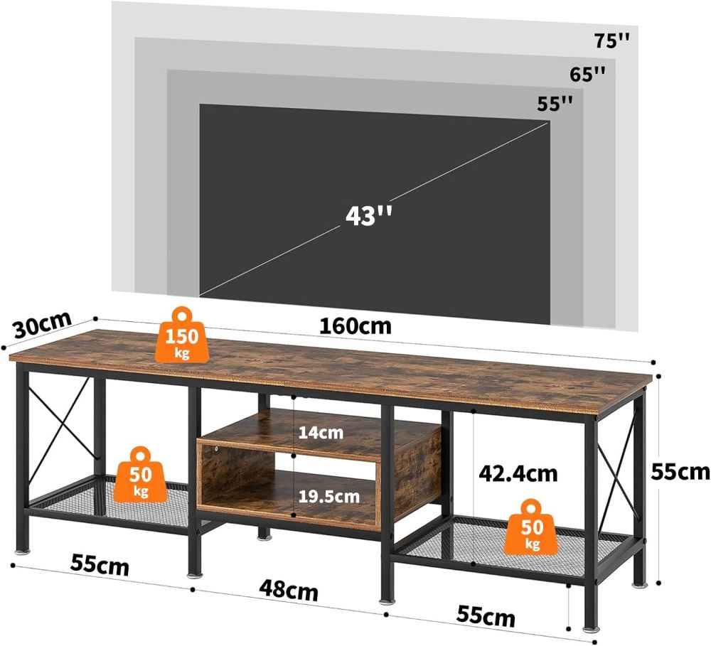 160cm Modern 75/70/65 Inch TV Stand with Power Strip, 160cm 3-Level TV Table (4 Outputs and 2 USB Ports), Entertainment Center, for Living Room, Bedroom, Dark Brown
