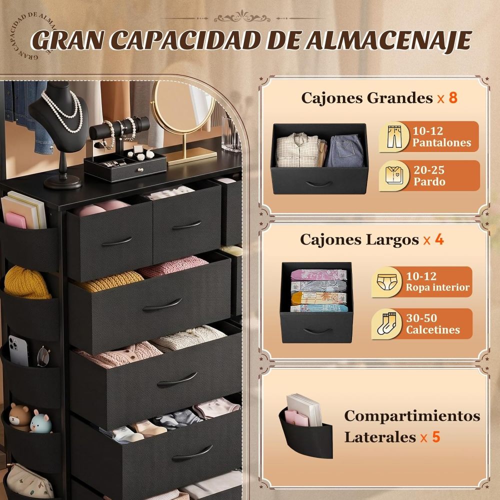 FURRIFIC Chest of Drawers for Bedroom, with 12 Fabric Drawers, Side Pocket and Resistant Steel Structure, Clothes Organizer Furniture, Black