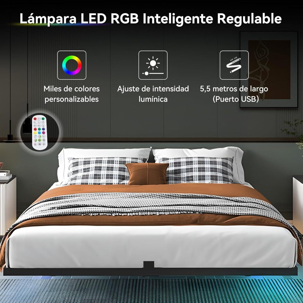 SAFONUS King Size Floating Bed Base - with Adjustable LED Lights, USB Power Strip, Metal Platform with Resistant Steel Slats with 9 Support Points, No Bed Base Needed