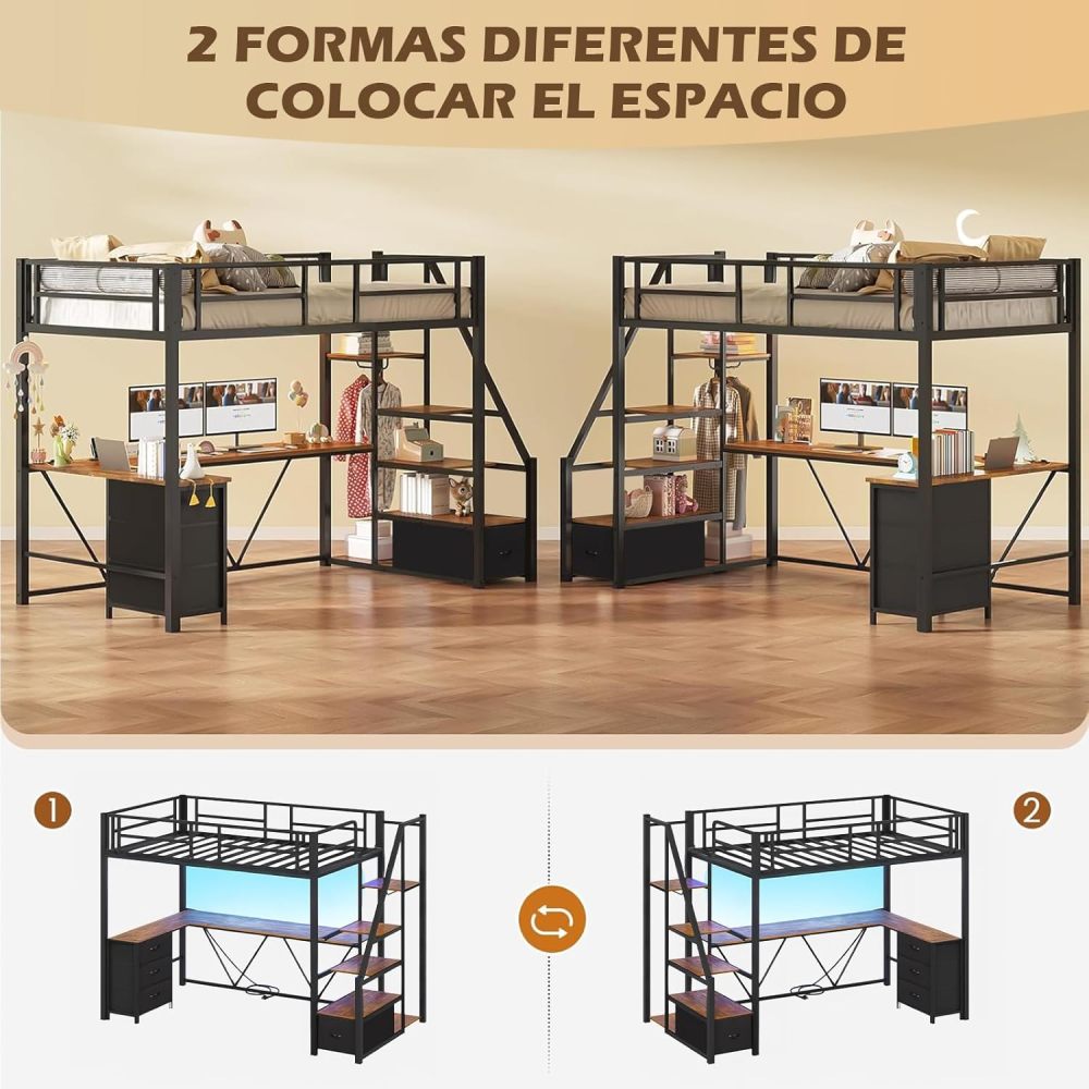 FURRIFIC Bunk Bed with L-shaped Desk and Wardrobe, Metal High Bed with Ladder with Drawers, LED and USB Ports, for Teenagers or Small Spaces (Single)
