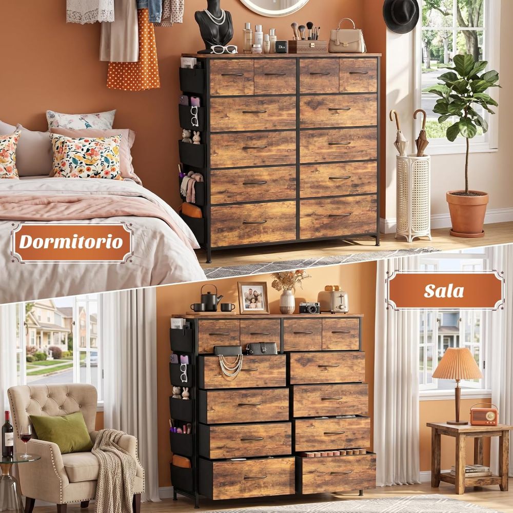 FURRIFIC Bedroom Dresser, with 12 Fabric Drawers, Side Pocket and Resistant Steel Structure, Clothes Organizer Furniture, Brown