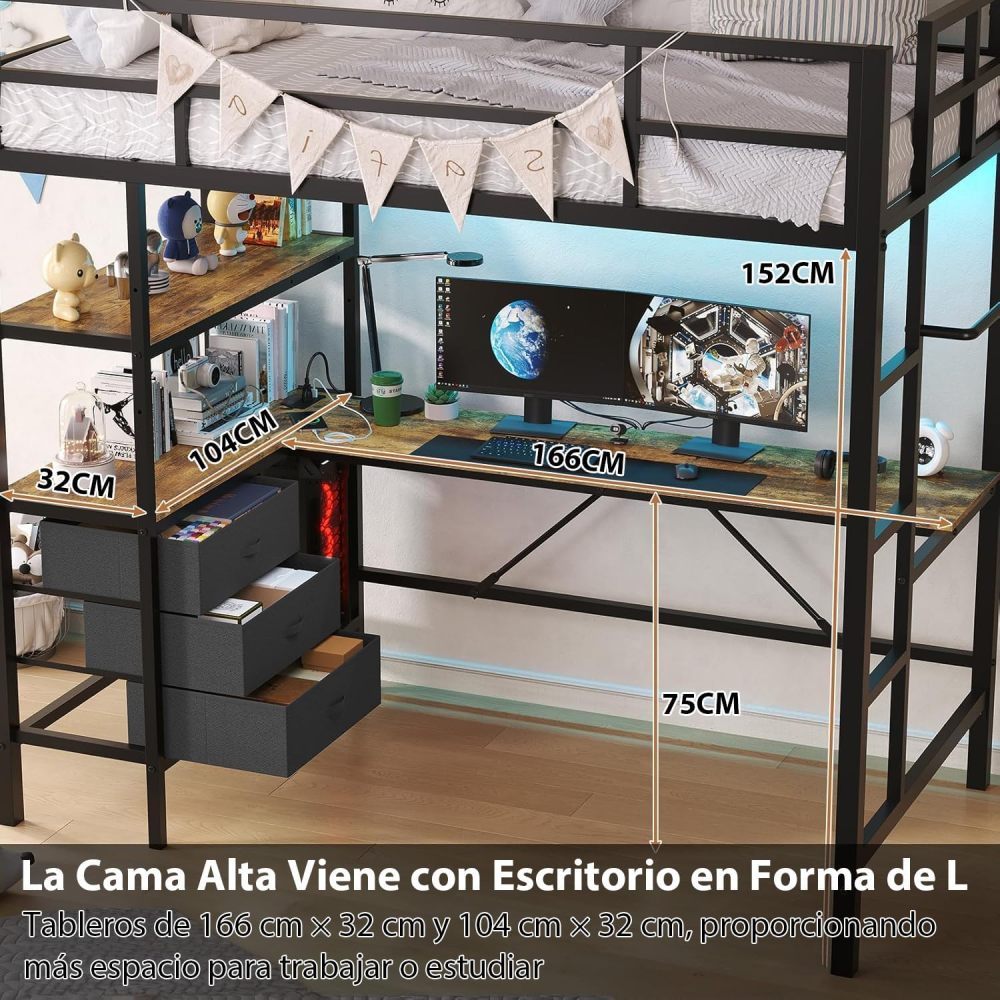 Single High Bunk Bed with L-Shaped Desk and USB Charging, High Bed with RGB LED Lights, 3 Shelves and 3 Fabric Drawers, Sturdy Metal Frame, Bunk Bed with Storage for Children and Teenagers