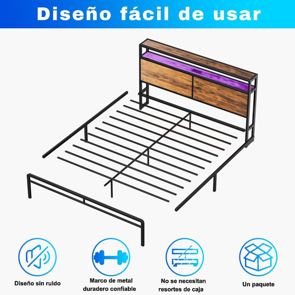 WELIKERA King Size Bed Base Headboard with Led Lights, King Double Bed Base with Built-in USB Charging Station and 2-Level Storage Space, Easy Assembly Bed Frame