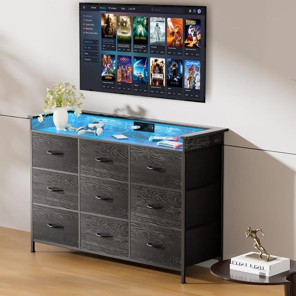 FURRIFIC Chest of Drawers for Bedroom, Dressers and Drawers with 2 Outlets and 2 USB Led Lights, Bedroom Dresser with 9 Drawers, Metal Structure Organizer, Home and Office Storage