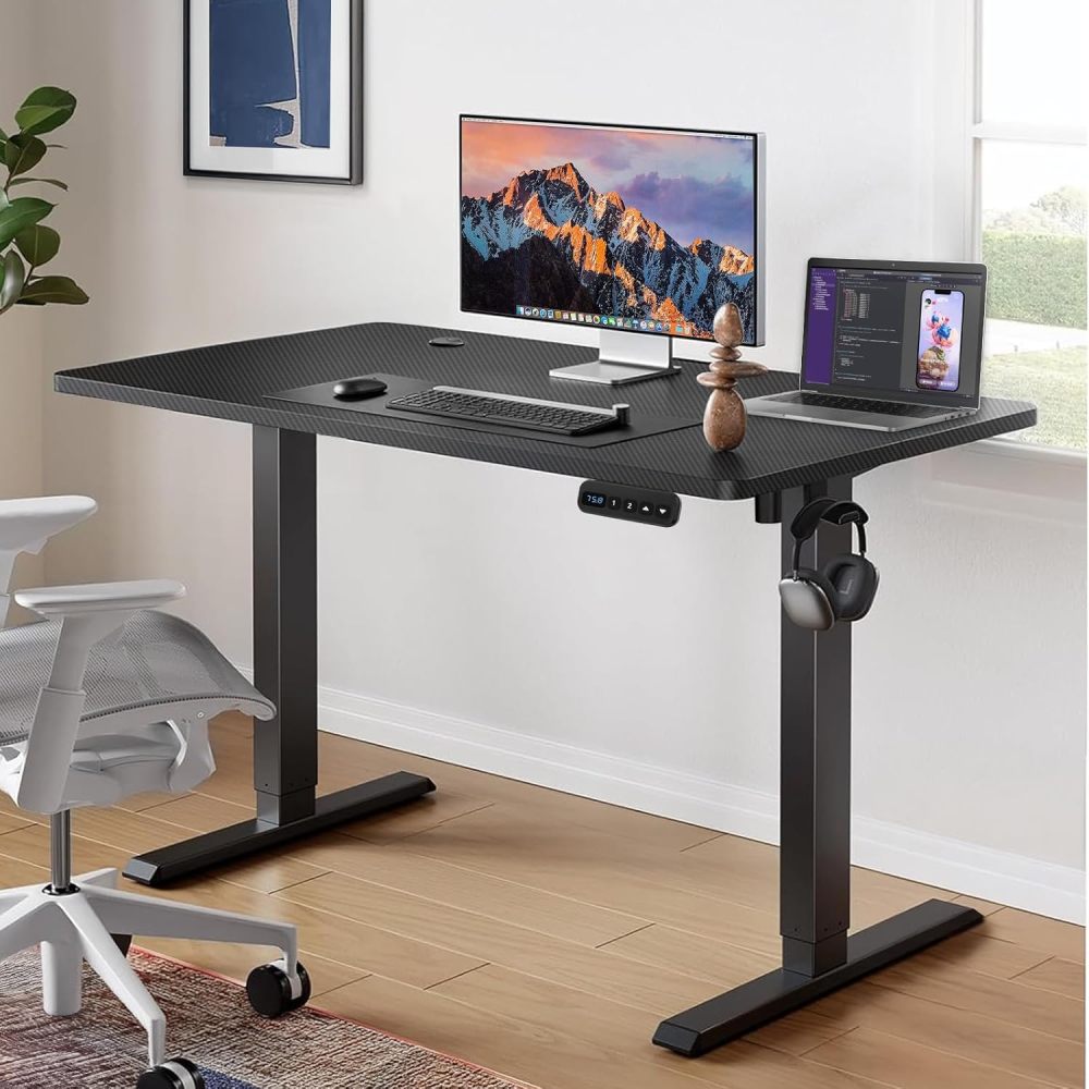 WELIKERA Electric Height Adjustable Lift Desk 140 x 60 cm, Standing Desk for Home Office, with Memory and Metal T-Stand, Carbon Black