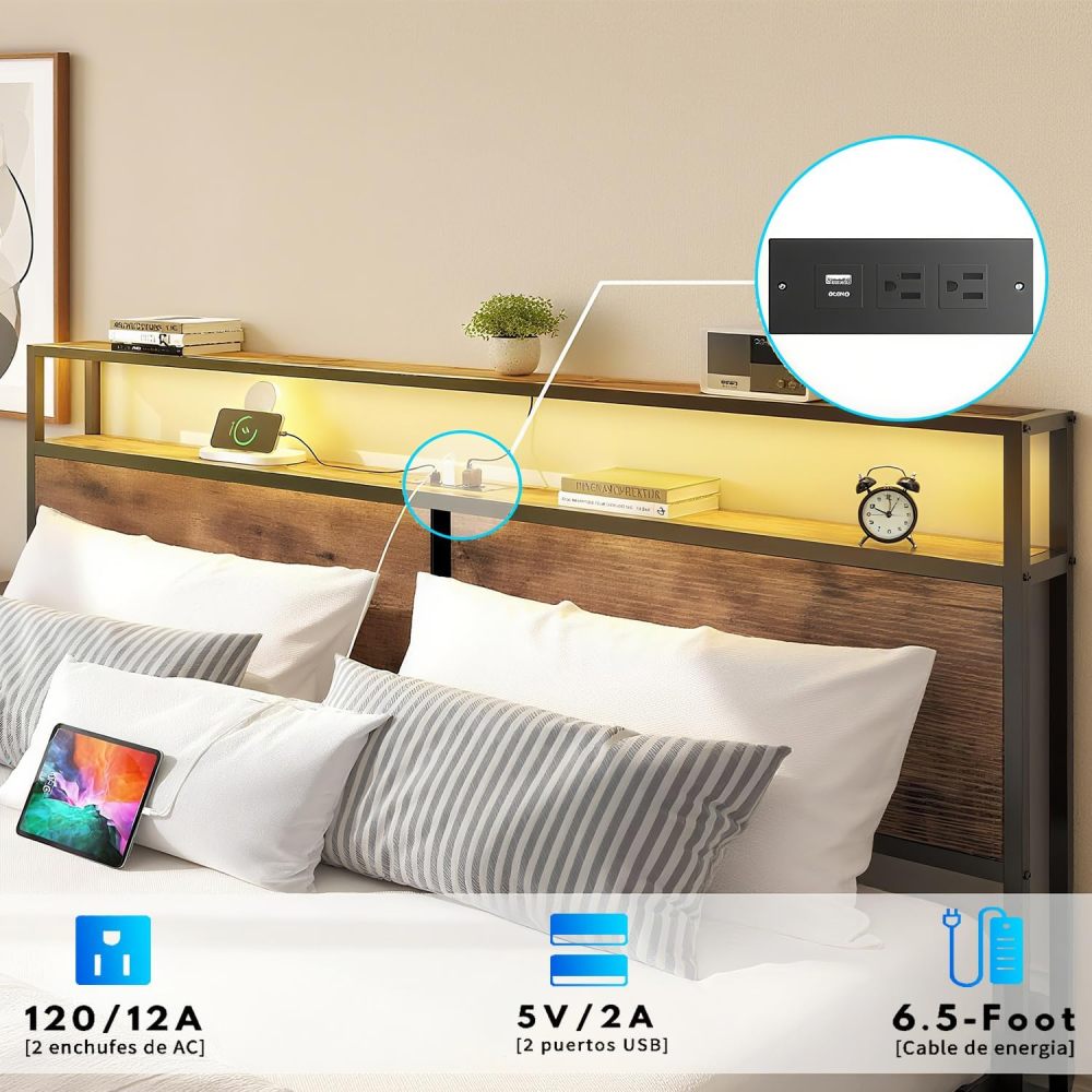 WELIKERA King Size Bed Base Headboard with Led Lights, King Double Bed Base with Built-in USB Charging Station and 2-Level Storage Space, Easy Assembly Bed Frame
