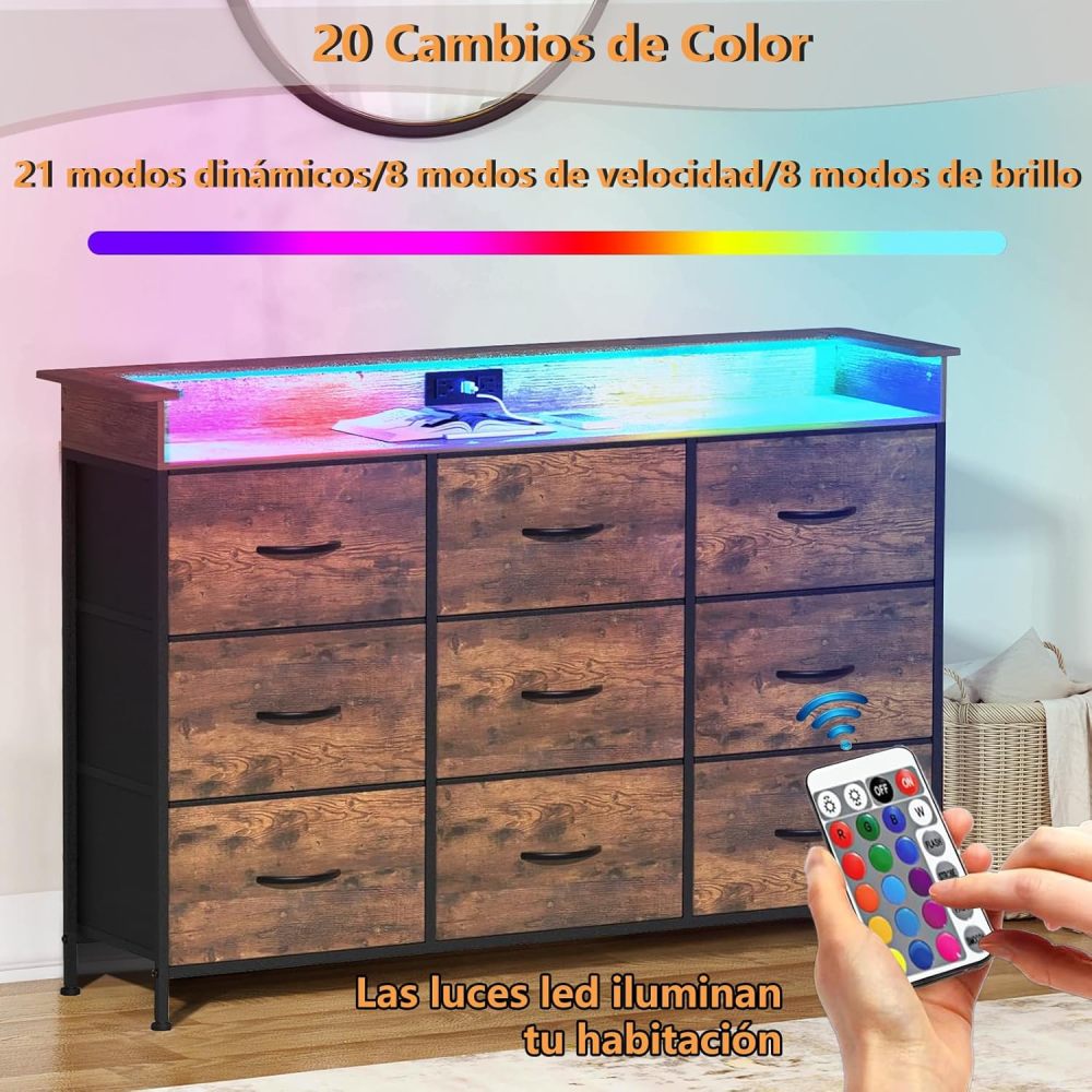 FURRIFIC Chest of Drawers for Bedroom, Bedroom Dresser with 9 Drawers, Dressers and Drawers with 2 Outputs and 2 USB Led Lights, Metal Structure Organizer, Home and Office Storage