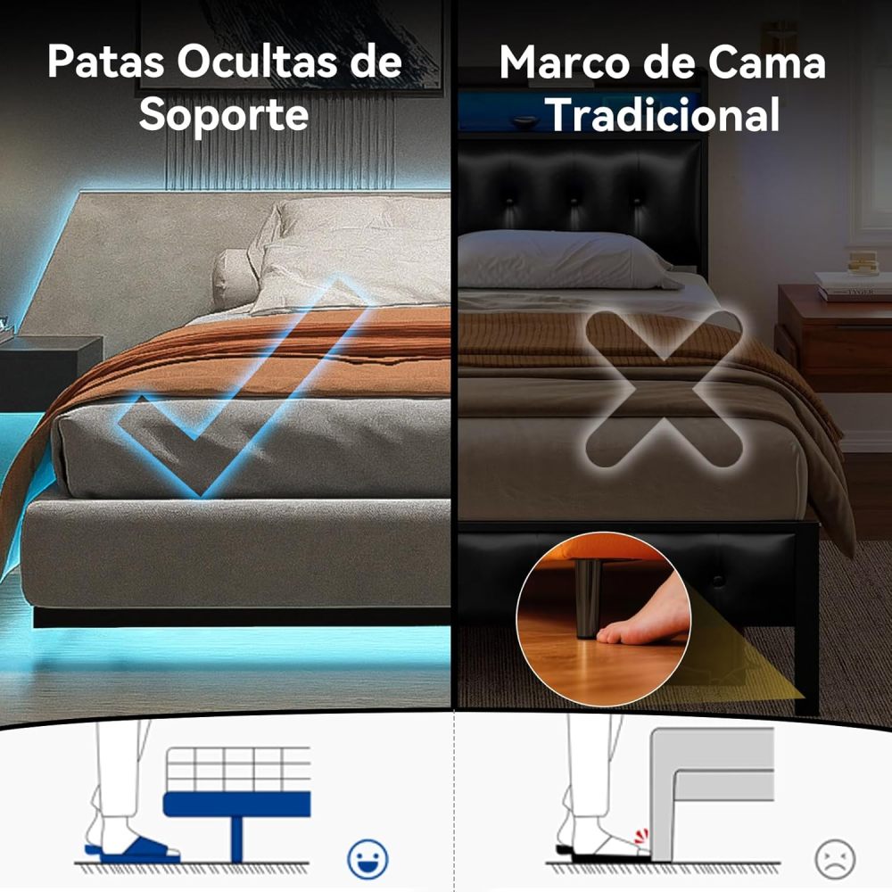SAFONUS King Size Floating Bed Base - with Adjustable LED Lights, USB Power Strip, Metal Platform with Resistant Steel Slats with 9 Support Points, No Bed Base Needed