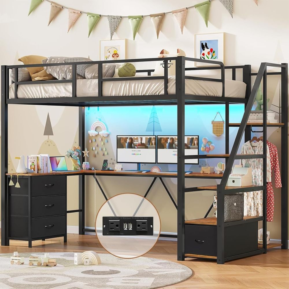FURRIFIC Bunk Bed with L-shaped Desk and Wardrobe, High Metal Bed with Ladder with Drawers, LED and USB Ports, for Teenagers or Small Spaces (Matrimonial)