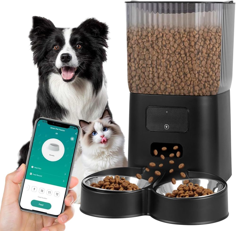 LOKOOY Pet Feeder Model WiFi Black,2 Stainless Steel Bowl,Timing,Food Dispenser,Intelligent Programmed and Dosed Feeding,Suitable for Food 5-15mm (Black)