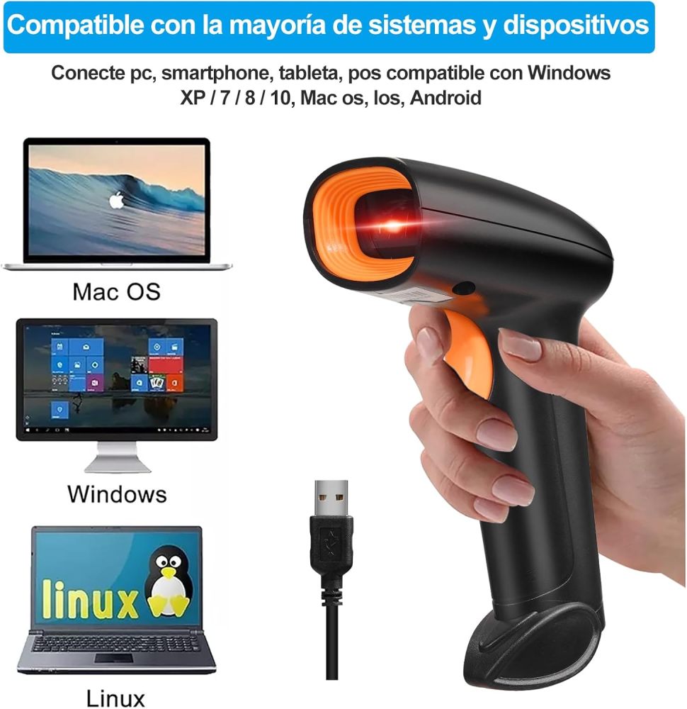 2D 1D QR Barcode Scanner, Barcode Reader with USB Cable Scanner Wired Barcode Compatible with PC and Laptop, Ideal Scanner for Supermarket, Library, Retail Store