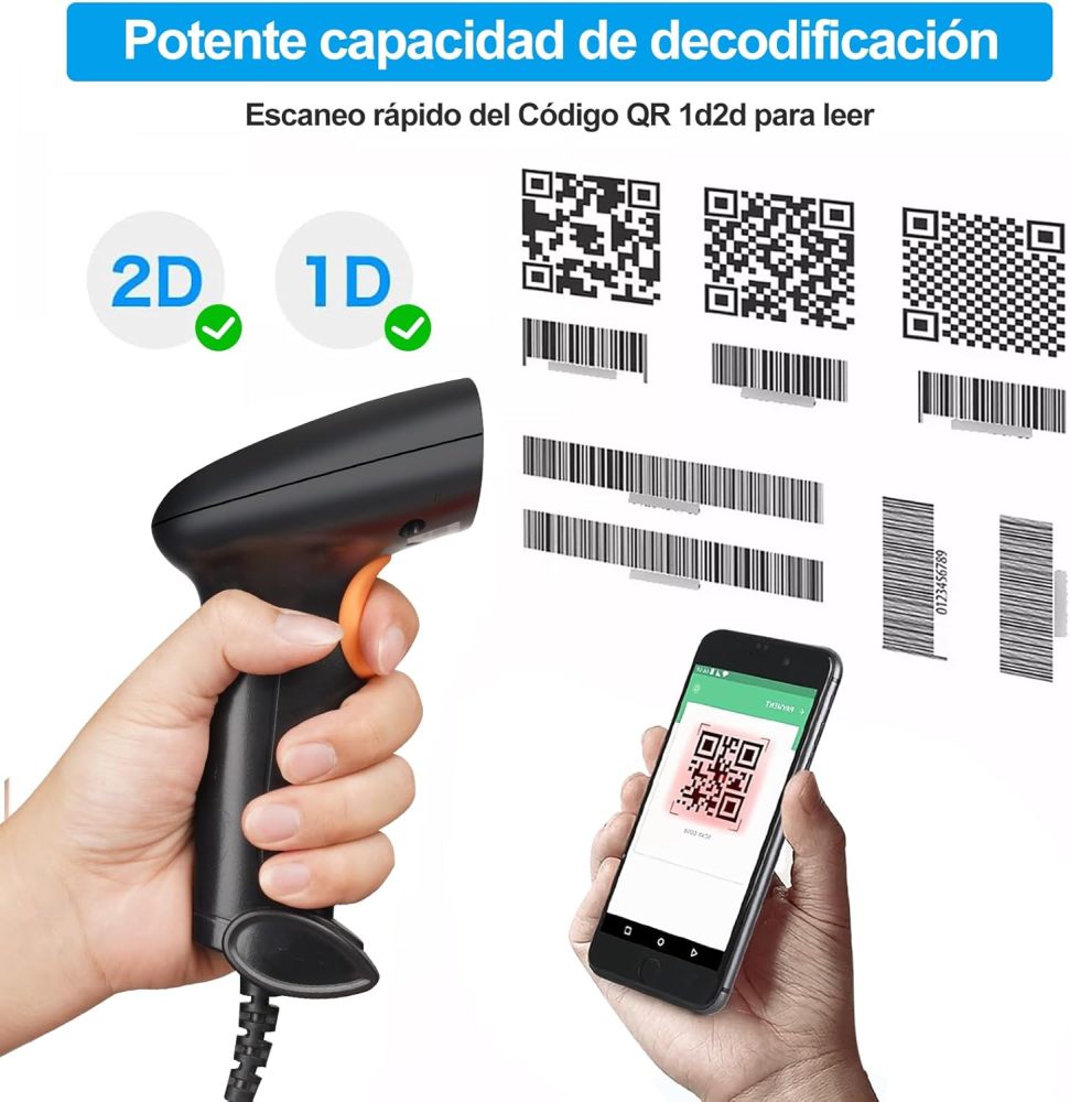 2D 1D QR Barcode Scanner, Barcode Reader with USB Cable Scanner Wired Barcode Compatible with PC and Laptop, Ideal Scanner for Supermarket, Library, Retail Store