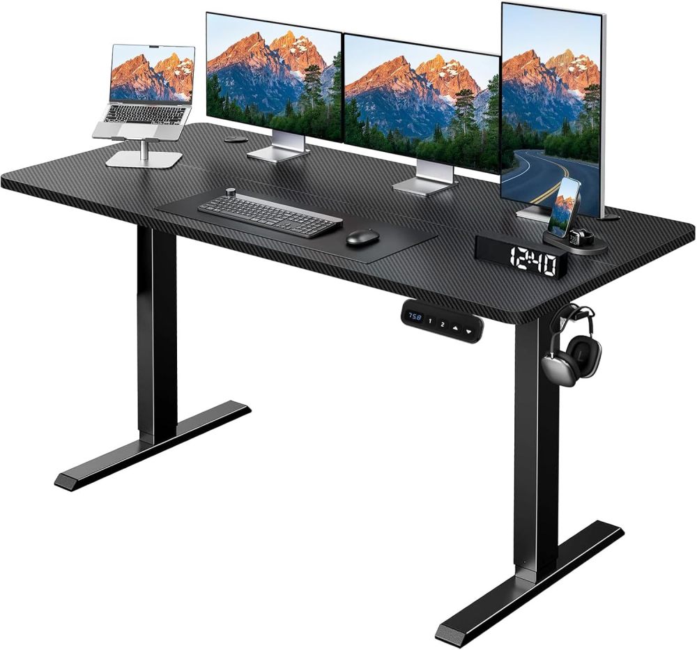 WELIKERA Electric Height Adjustable Lift Desk 140 x 60 cm, Standing Desk for Home Office, with Memory and Metal T-Stand, Carbon Black