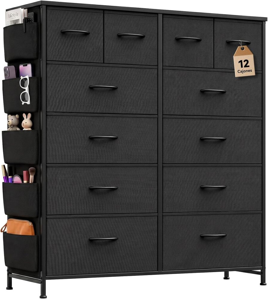 FURRIFIC Chest of Drawers for Bedroom, with 12 Fabric Drawers, Side Pocket and Resistant Steel Structure, Clothes Organizer Furniture, Black