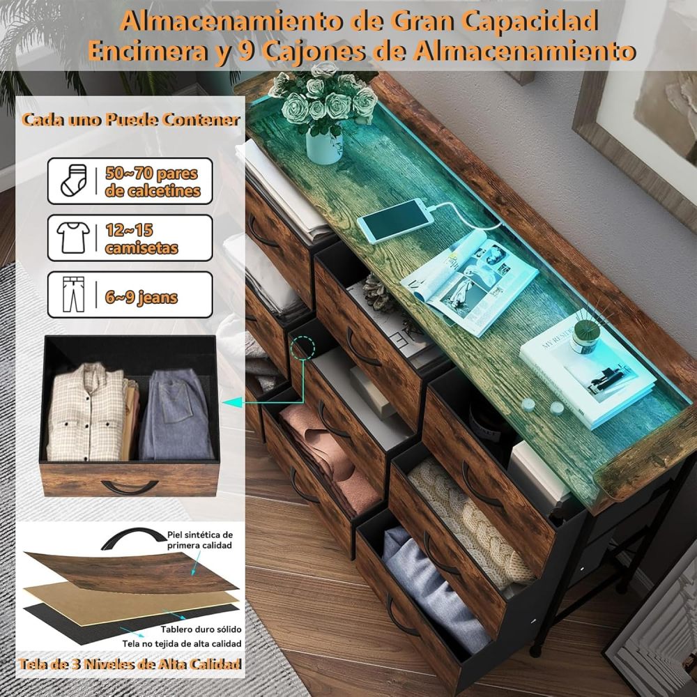 FURRIFIC Chest of Drawers for Bedroom, Bedroom Dresser with 9 Drawers, Dressers and Drawers with 2 Outputs and 2 USB Led Lights, Metal Structure Organizer, Home and Office Storage