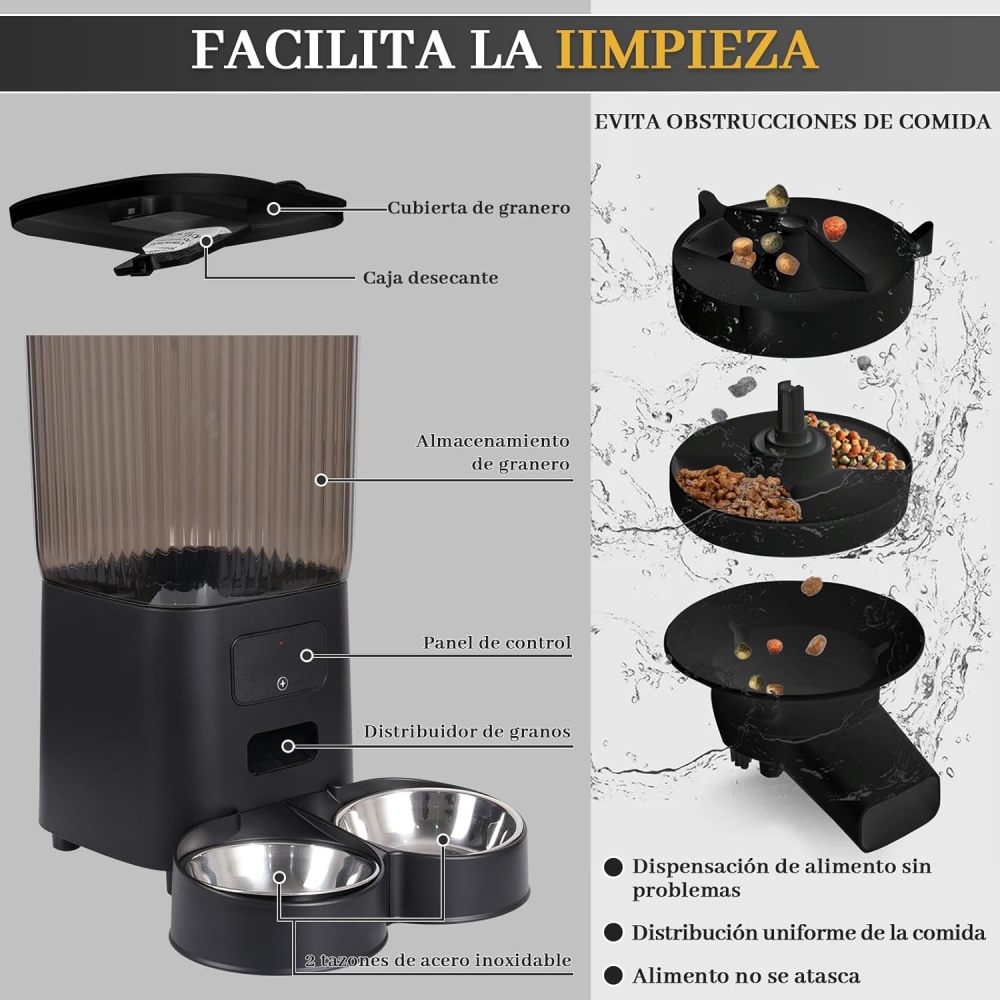 LOKOOY Pet Feeder Model WiFi Black,2 Stainless Steel Bowl,Timing,Food Dispenser,Intelligent Programmed and Dosed Feeding,Suitable for Food 5-15mm (Black)