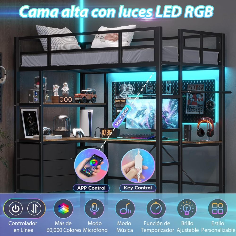 Single High Bunk Bed with L-Shaped Desk and USB Charging, High Bed with RGB LED Lights, 3 Shelves and 3 Fabric Drawers, Sturdy Metal Frame, Bunk Bed with Storage for Children and Teenagers