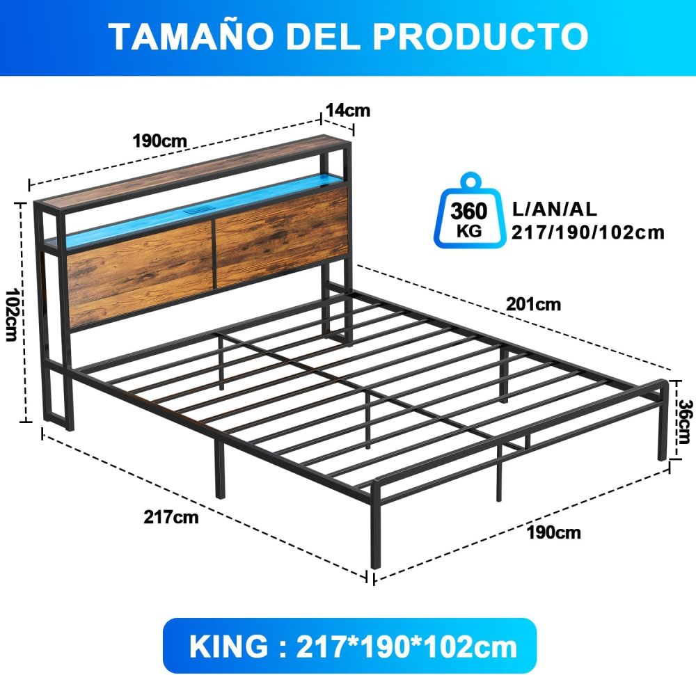 WELIKERA King Size Bed Base Headboard with Led Lights, King Double Bed Base with Built-in USB Charging Station and 2-Level Storage Space, Easy Assembly Bed Frame