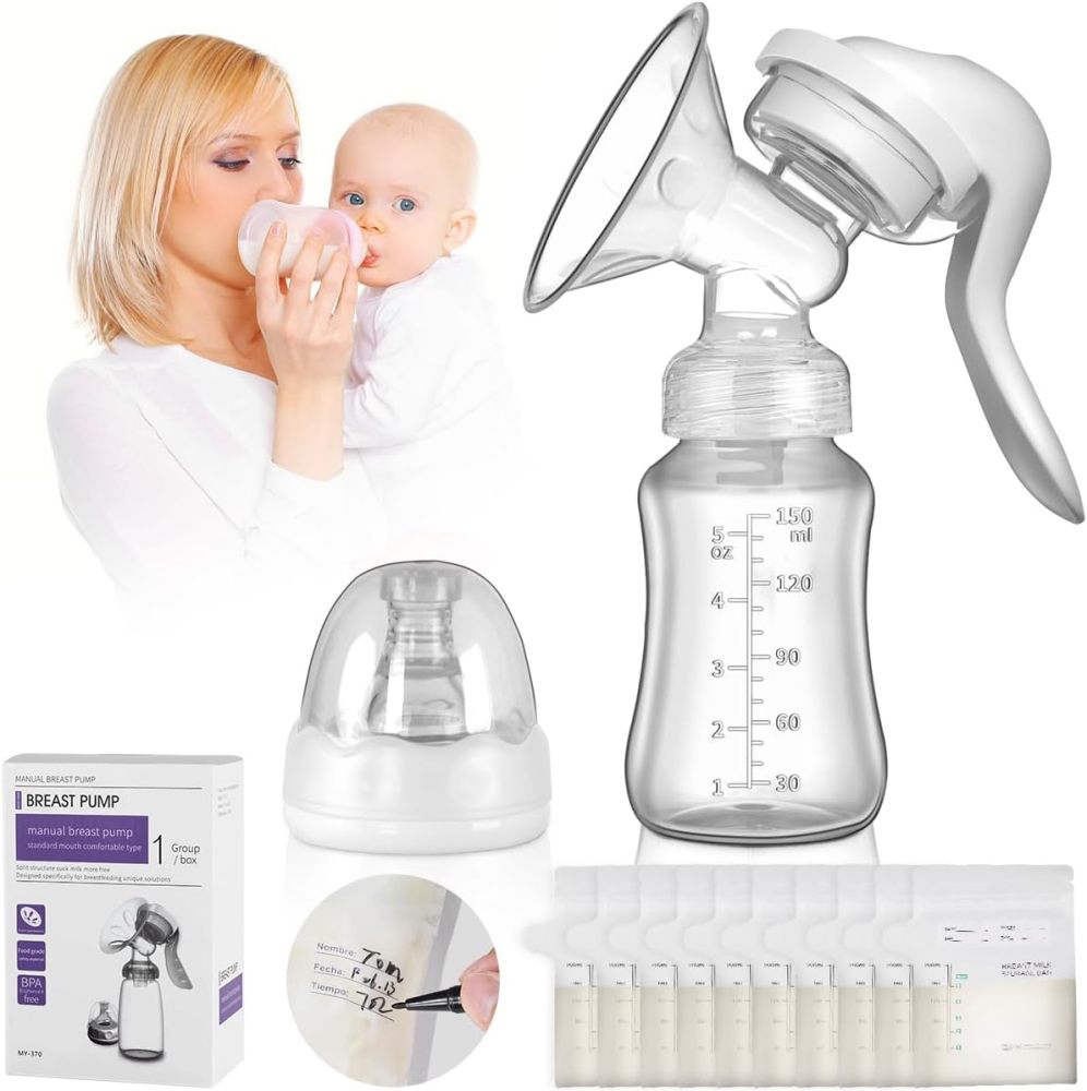 Manual Breast Pump, BPA-Free Breast Pump with Bottle and 10 Breast Milk Storage Bags, Gentle Massage Adjustable Suction Breast Pump and Portable Breast Pump