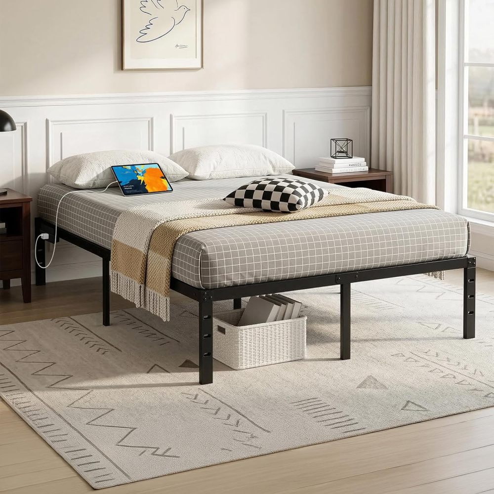 FURRIFIC Double Bed Base Metal with Plugs–2 AC Sockets + 2 USB Ports, 1.5m Cable, 3 Adjustable Heights for Headboard (Not Included), Durable and Durable Metal Bed Base
