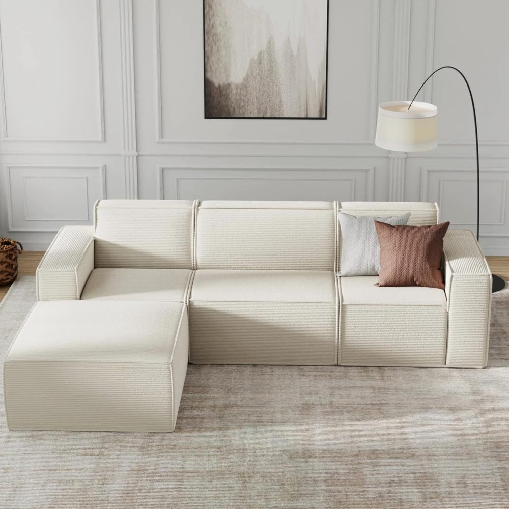 106-Inch Modular Sofa, L-Shaped Corduroy Modular Sofa Without Bone With Deep Seat and Cloud Ottoman Sofa, Upholstered Sofas For Living Room and Bedroom, No Assembly Required (Beige)