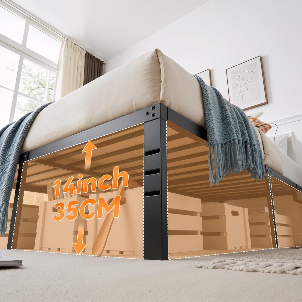FURRIFIC Double Bed Base Metal with Plugs–2 AC Sockets + 2 USB Ports, 1.5m Cable, 3 Adjustable Heights for Headboard (Not Included), Durable and Durable Metal Bed Base