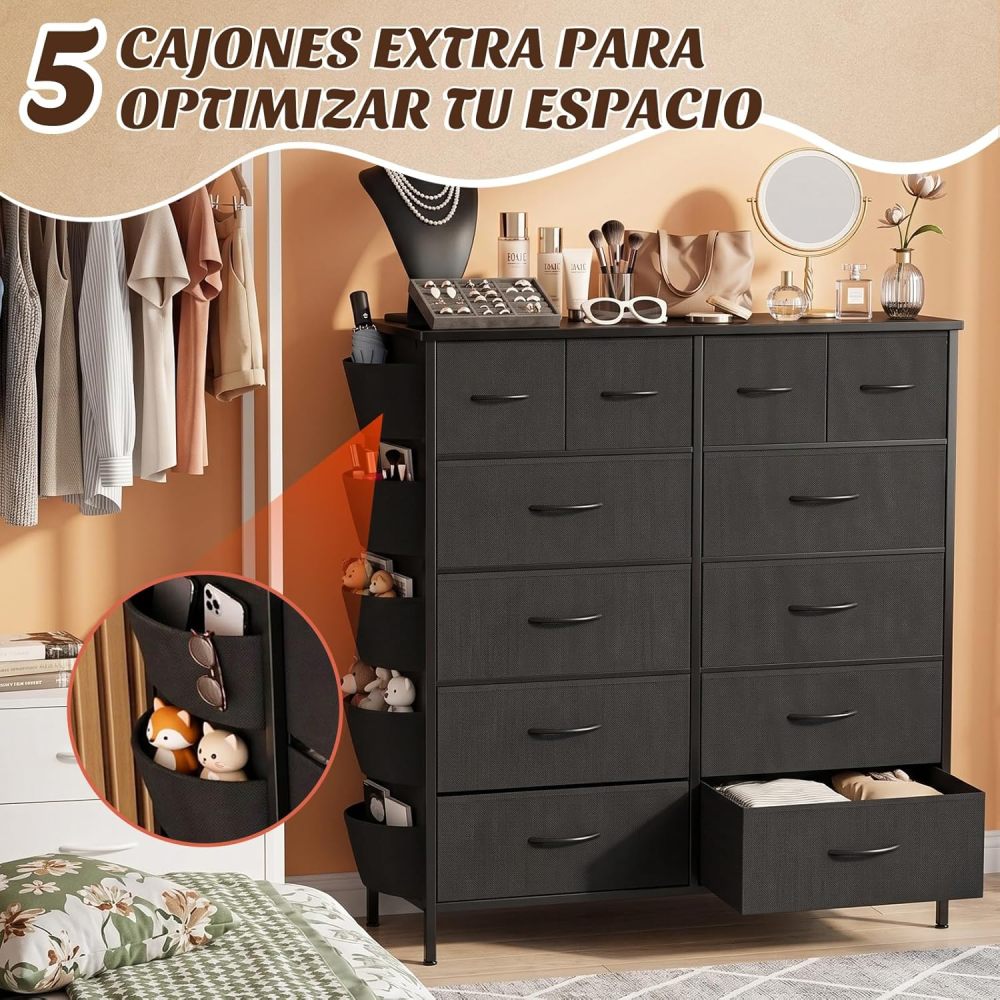 FURRIFIC Chest of Drawers for Bedroom, with 12 Fabric Drawers, Side Pocket and Resistant Steel Structure, Clothes Organizer Furniture, Black