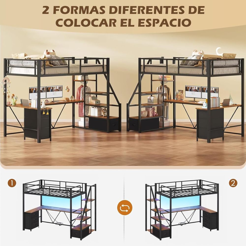 FURRIFIC Bunk Bed with L-shaped Desk and Wardrobe, High Metal Bed with Ladder with Drawers, LED and USB Ports, for Teenagers or Small Spaces (Matrimonial)
