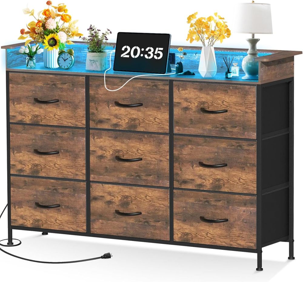 FURRIFIC Chest of Drawers for Bedroom, Bedroom Dresser with 9 Drawers, Dressers and Drawers with 2 Outputs and 2 USB Led Lights, Metal Structure Organizer, Home and Office Storage