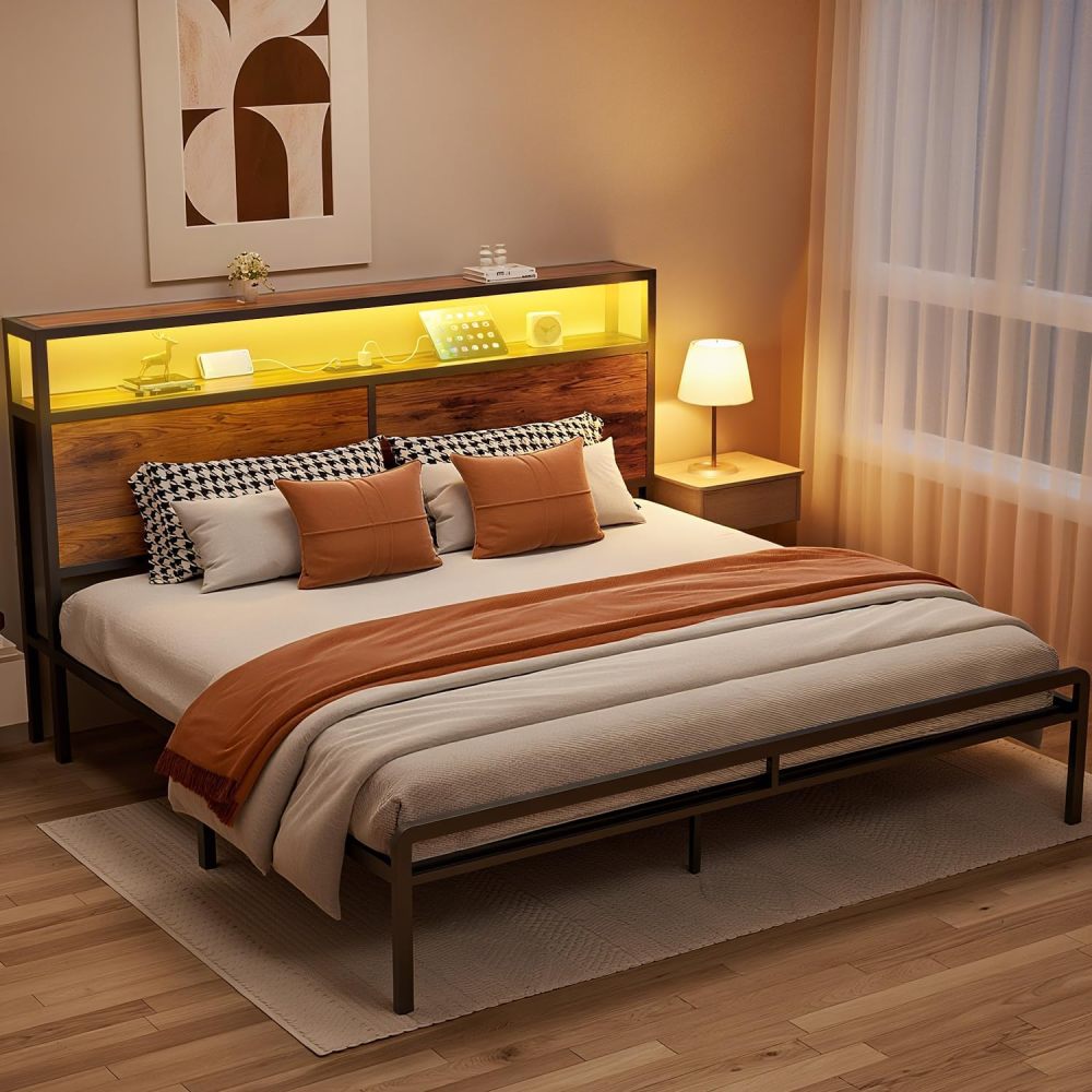 WELIKERA King Size Bed Base Headboard with Led Lights, King Double Bed Base with Built-in USB Charging Station and 2-Level Storage Space, Easy Assembly Bed Frame