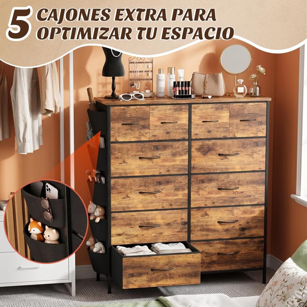 FURRIFIC Bedroom Dresser, with 12 Fabric Drawers, Side Pocket and Resistant Steel Structure, Clothes Organizer Furniture, Brown