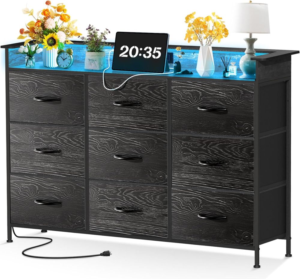 FURRIFIC Chest of Drawers for Bedroom, Dressers and Drawers with 2 Outlets and 2 USB Led Lights, Bedroom Dresser with 9 Drawers, Metal Structure Organizer, Home and Office Storage