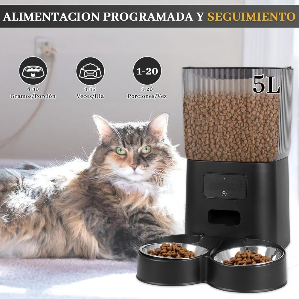 LOKOOY Pet Feeder Model WiFi Black,2 Stainless Steel Bowl,Timing,Food Dispenser,Intelligent Programmed and Dosed Feeding,Suitable for Food 5-15mm (Black)