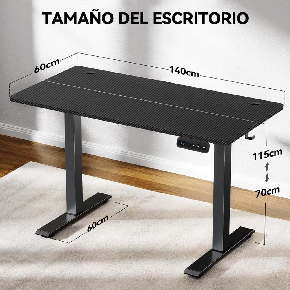 WELIKERA Electric Height Adjustable Lift Desk 140 x 60 cm, Standing Desk for Home Office, with Memory and Metal T-Stand, Carbon Black