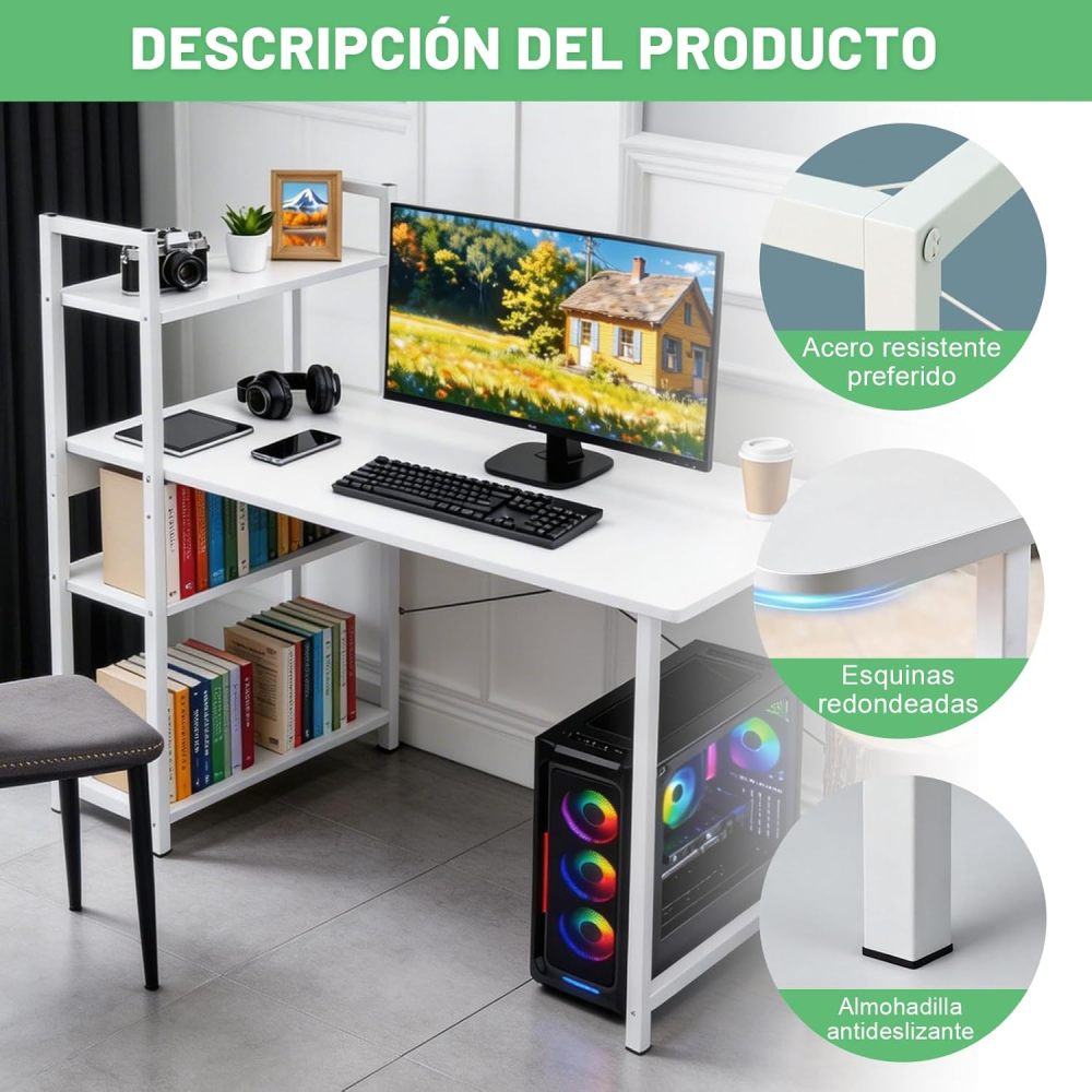 KACOTA Minimalist Desk with 3-Shelf Shelf, Computer Desk, Modern Metal Game Desk, Minimalist Style, Home Office Desks(100D*40W*100H)