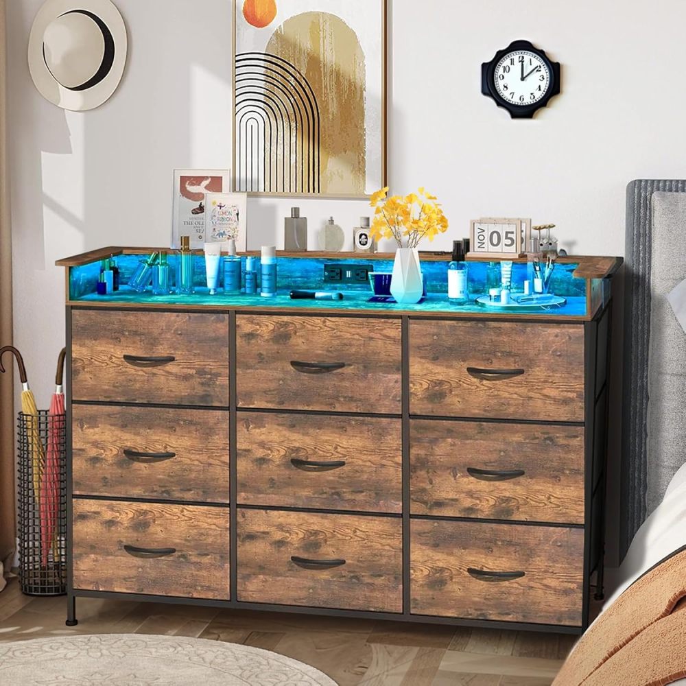 FURRIFIC Chest of Drawers for Bedroom, Bedroom Dresser with 9 Drawers, Dressers and Drawers with 2 Outputs and 2 USB Led Lights, Metal Structure Organizer, Home and Office Storage
