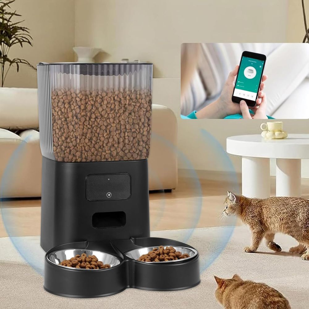 LOKOOY Pet Feeder Model WiFi Black,2 Stainless Steel Bowl,Timing,Food Dispenser,Intelligent Programmed and Dosed Feeding,Suitable for Food 5-15mm (Black)