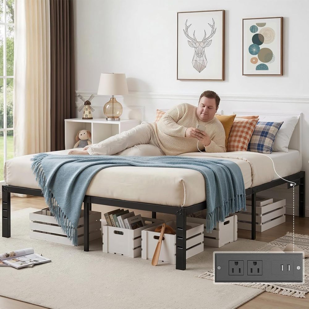 FURRIFIC Double Bed Base Metal with Plugs–2 AC Sockets + 2 USB Ports, 1.5m Cable, 3 Adjustable Heights for Headboard (Not Included), Durable and Durable Metal Bed Base