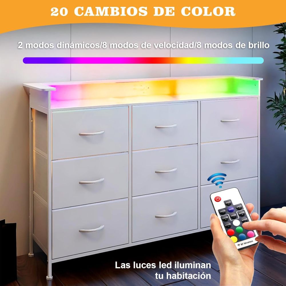 FURRIFIC Chest of Drawers for Bedroom, Dressers and Drawers with 2 Outputs and 2 USB Led Lights, Metal Structure Organizer Furniture with 9 Drawers, Home and Office Storage (White)