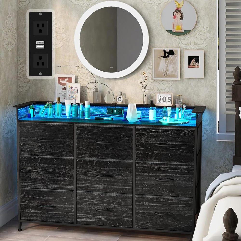 FURRIFIC Chest of Drawers for Bedroom, Dressers and Drawers with 2 Outlets and 2 USB Led Lights, Bedroom Dresser with 9 Drawers, Metal Structure Organizer, Home and Office Storage